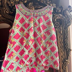 Lilly Pulitzer Bam for Your Buck Pink Green Iona Silk Top Blouse XL EUC